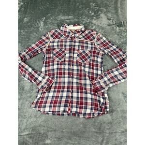 Women’s GUESS Red Blue White Plaid Button-Down Shirt S – Excellent